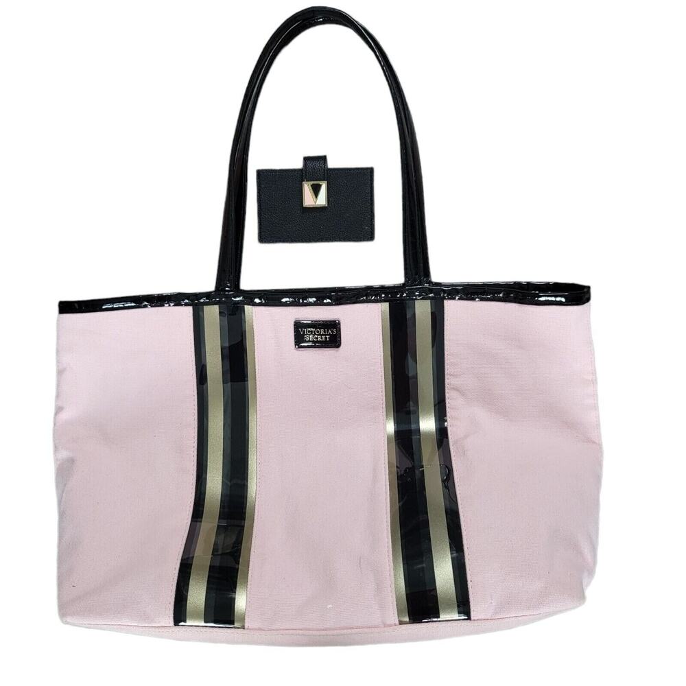 Victorias Secret Pink Canvas Beach Tote Bag & Black‎ Cardholder Wallet Set Duo